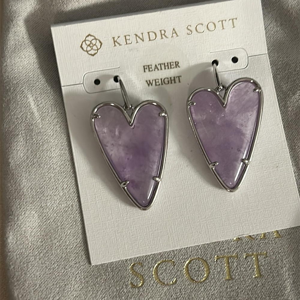 Kendra Scott Ansley Heart Rhod Amethyst Silver Drop Earrings NWT card & pouch - Picture 4 of 5